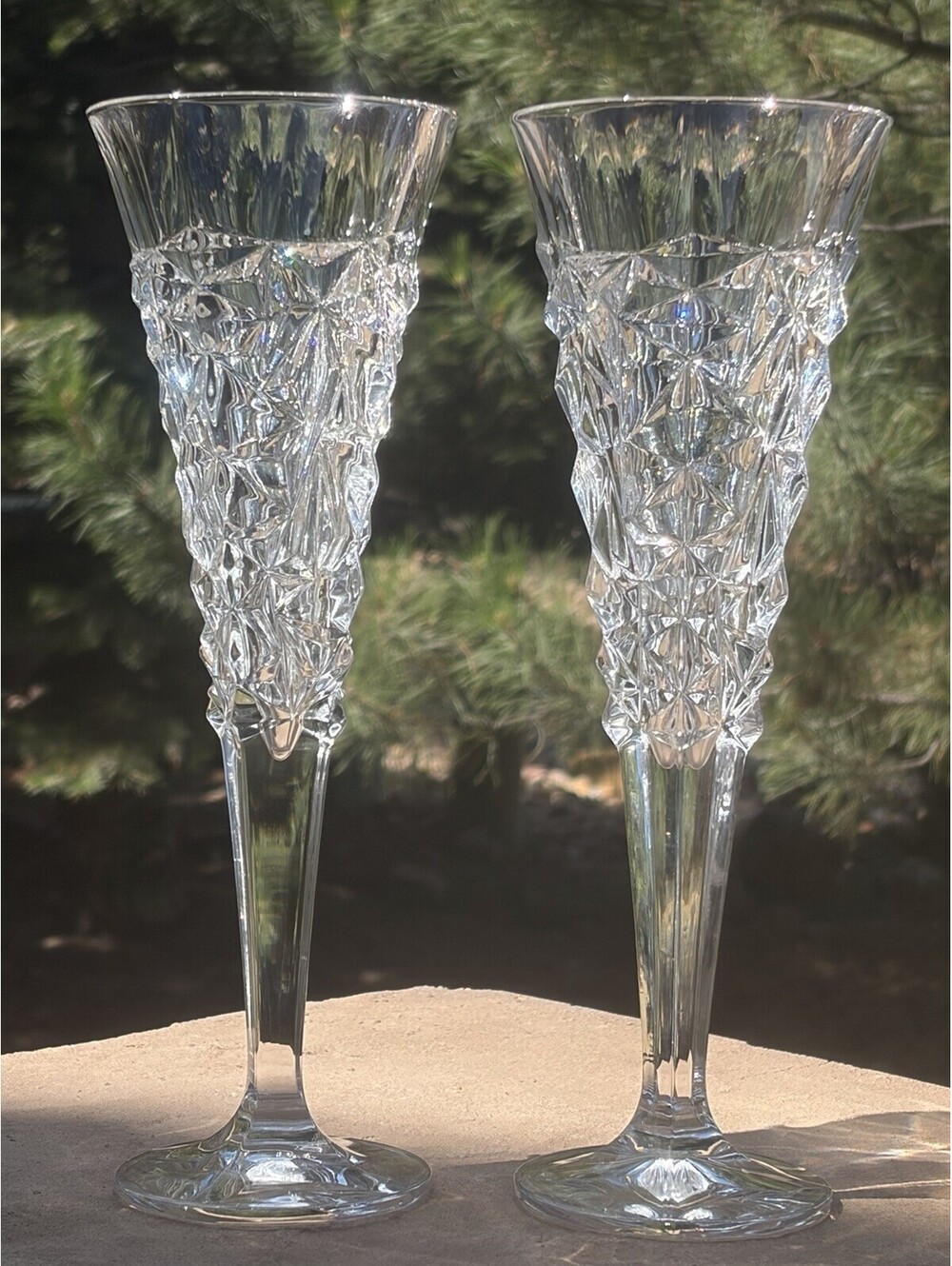 Jihlava Glassworks Bohemia Set/2 Glacier Brutalist Crystal Champagne Flutes 8”